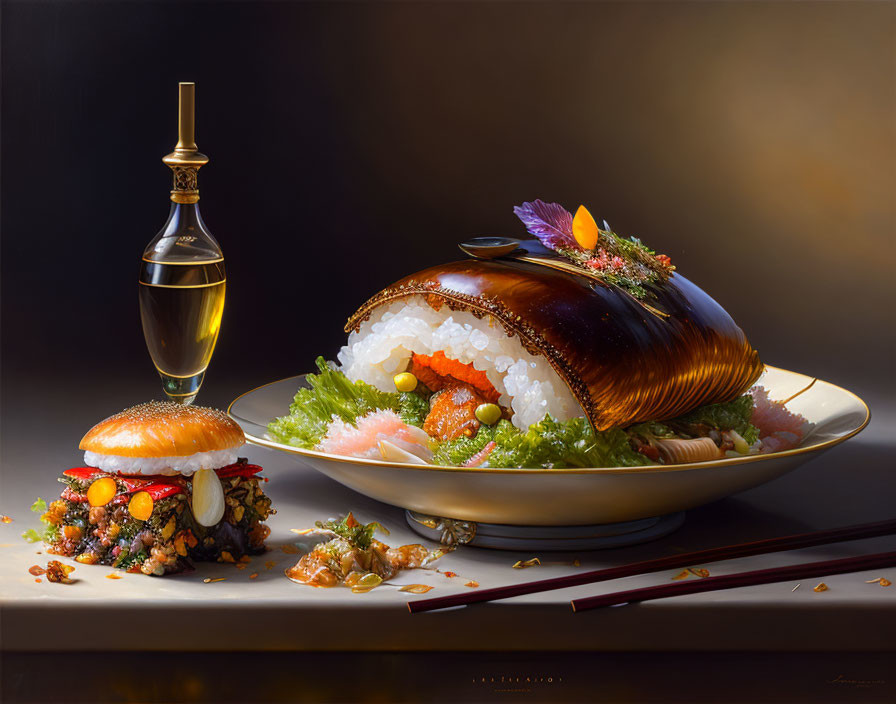 Meticulously arranged sushi platter with nigiri, sushi burger, chopsticks, and soy sauce