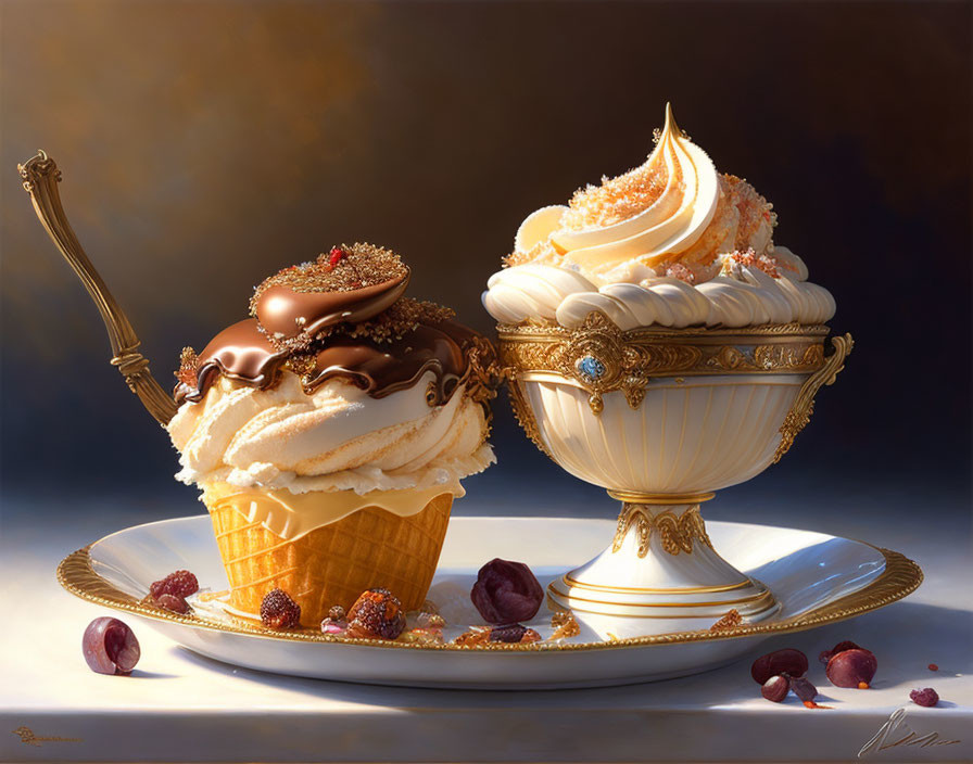 Opulent still life with chocolate ice cream cone, golden goblet, whipped cream, berries, nuts