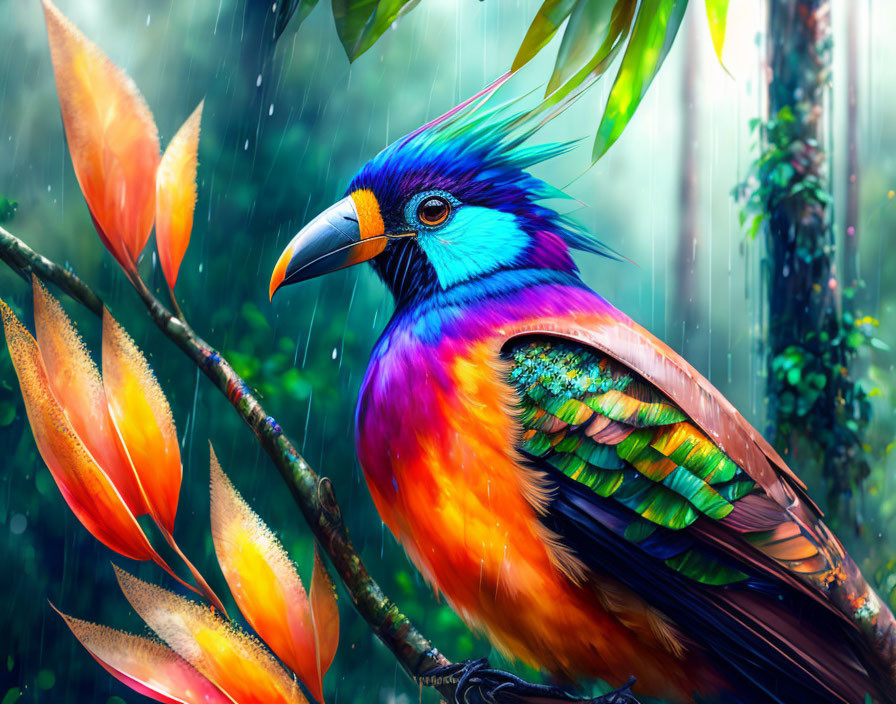 Colorful Bird on Branch with Orange Leaves in Rainy Forest