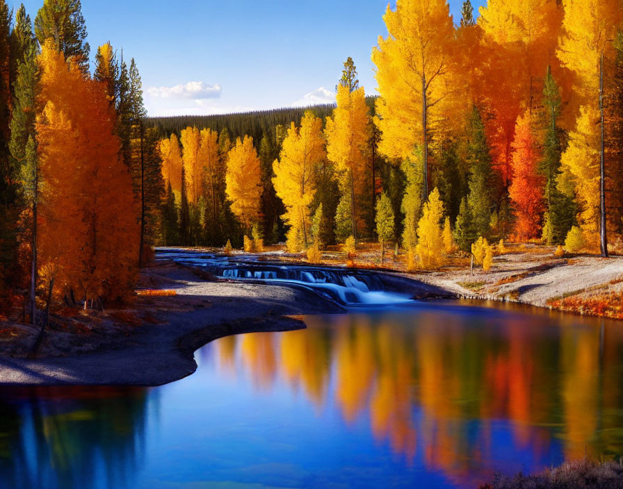 Tranquil autumn landscape with colorful trees by calm river