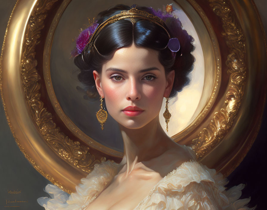 Classic Portrait of Woman with Dark Hair and Golden Earrings