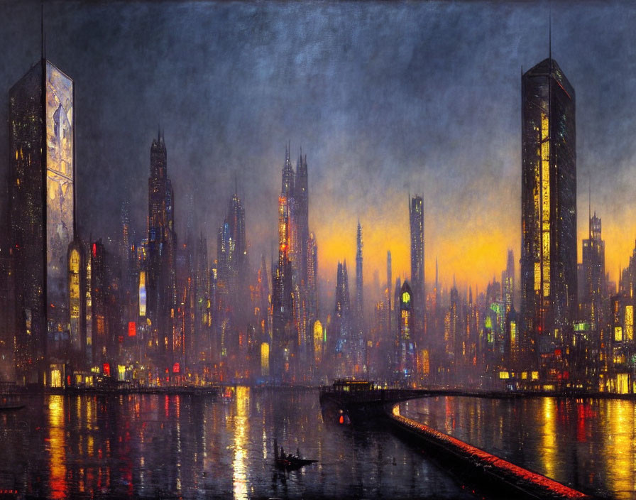 Dystopian cityscape at dusk with illuminated skyscrapers and stormy sky