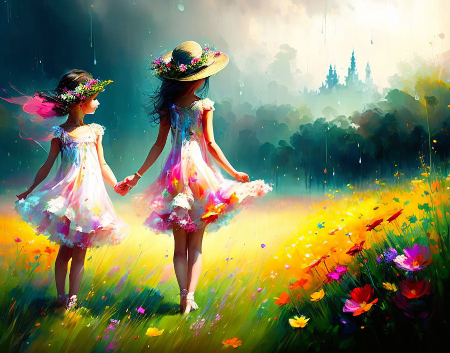 Two girls in dresses and flower crowns walking in colorful flower field under rain shower