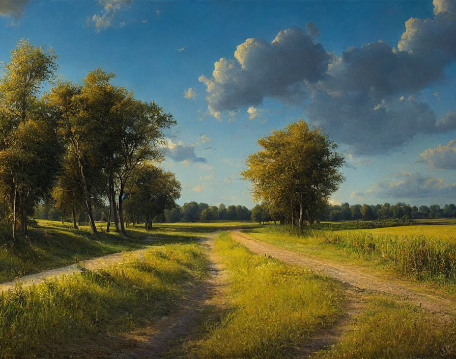 Tranquil rural landscape with dirt path and green trees under blue sky