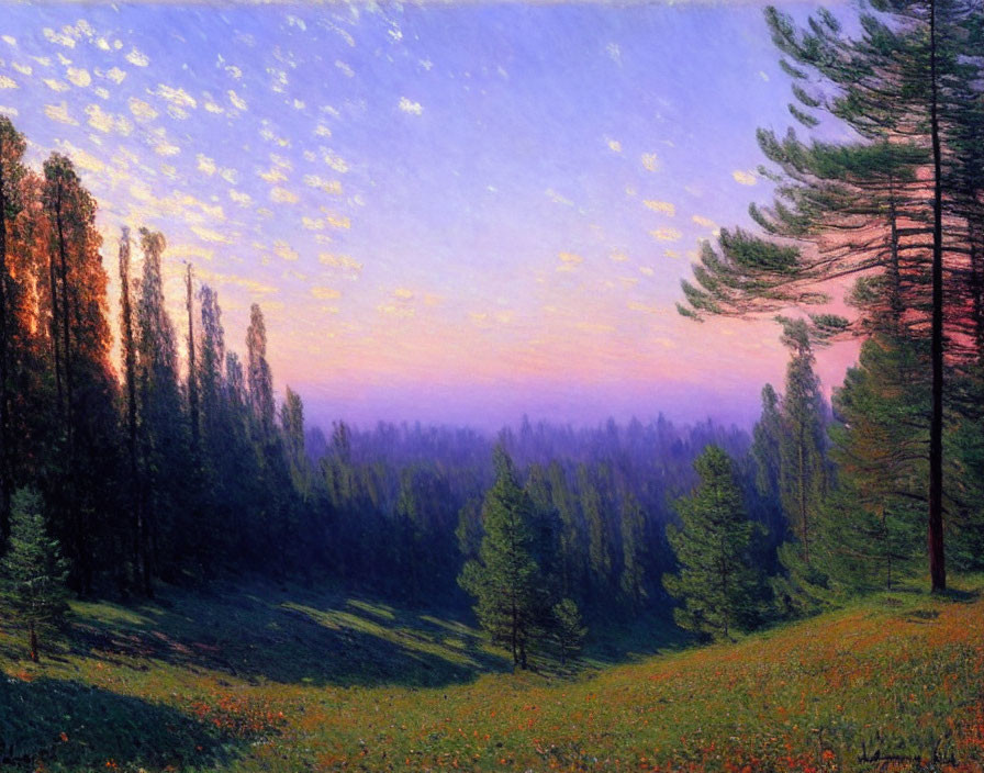 Tranquil forest dusk scene with setting sun and vibrant sky