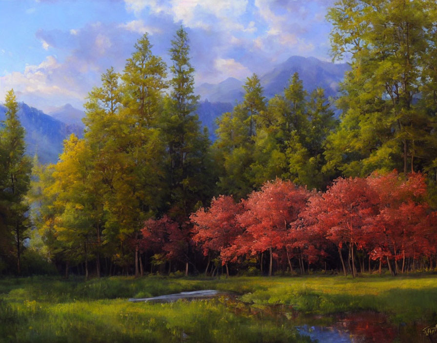 Autumn landscape painting with lush trees, mountain backdrop, and reflective pond.