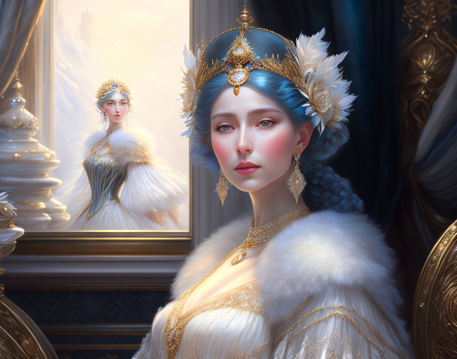 Regal woman with blue hair and golden crown in luxurious setting