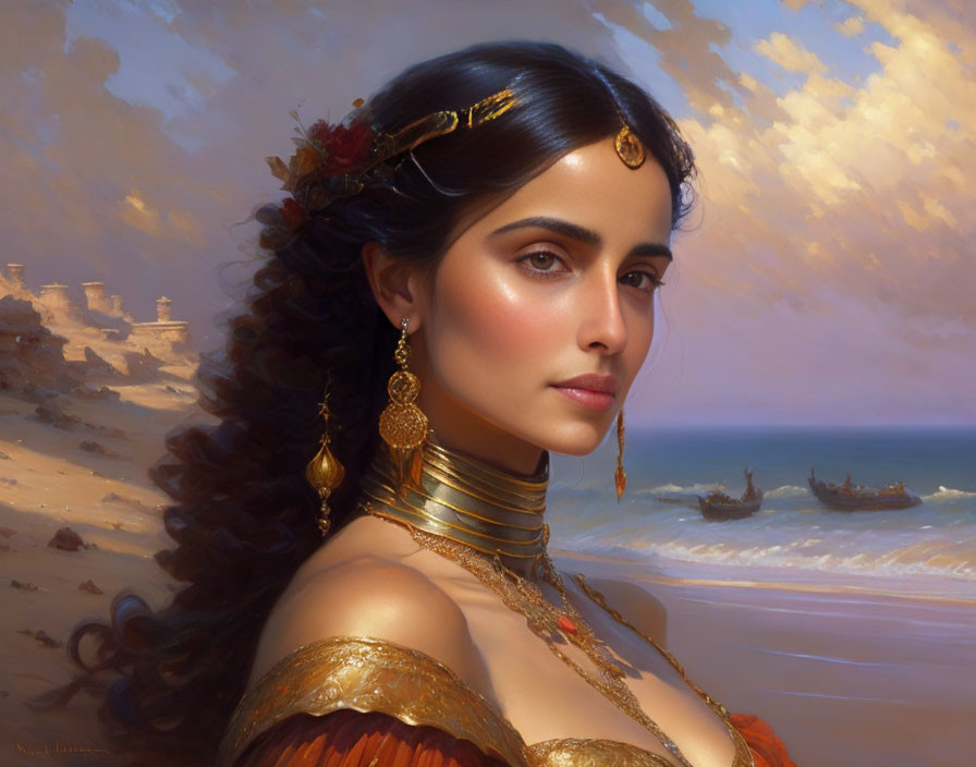 Illustrated portrait of a woman with dark hair and gold jewelry by beach with ships in distance