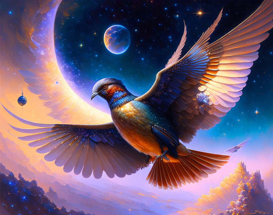 Colorful bird flying in cosmic fantasy scene with moon and planets