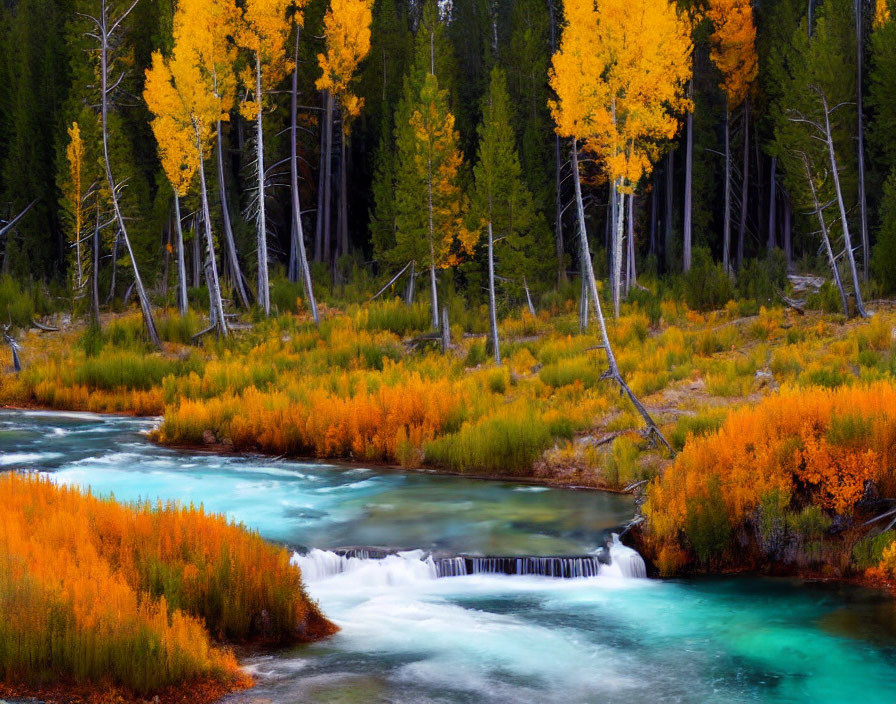 Tranquil river in vibrant autumn forest with golden foliage