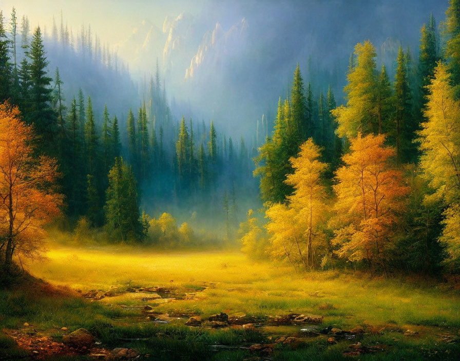 Autumn forest scene with misty glow, colorful trees, gentle stream, distant mountains.