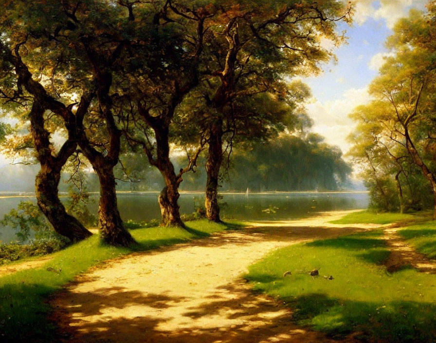Tranquil landscape with dirt path, lush trees, and serene lake