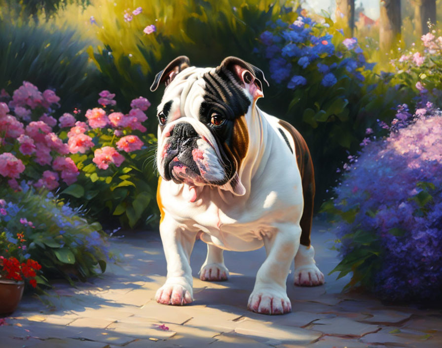 Bulldog in garden with blooming flowers and sunlight