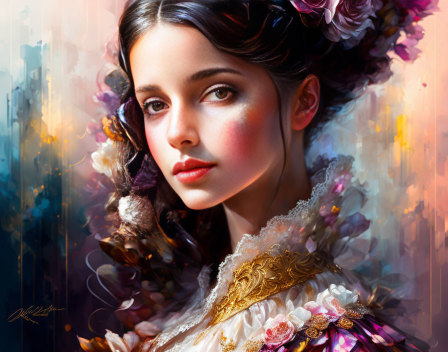 Digital portrait of woman with doe eyes, rosy cheeks, surrounded by vivid flowers in vintage dress.