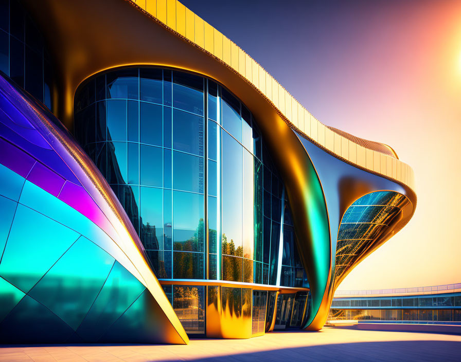 Contemporary building design with reflective glass facade and vibrant colors.