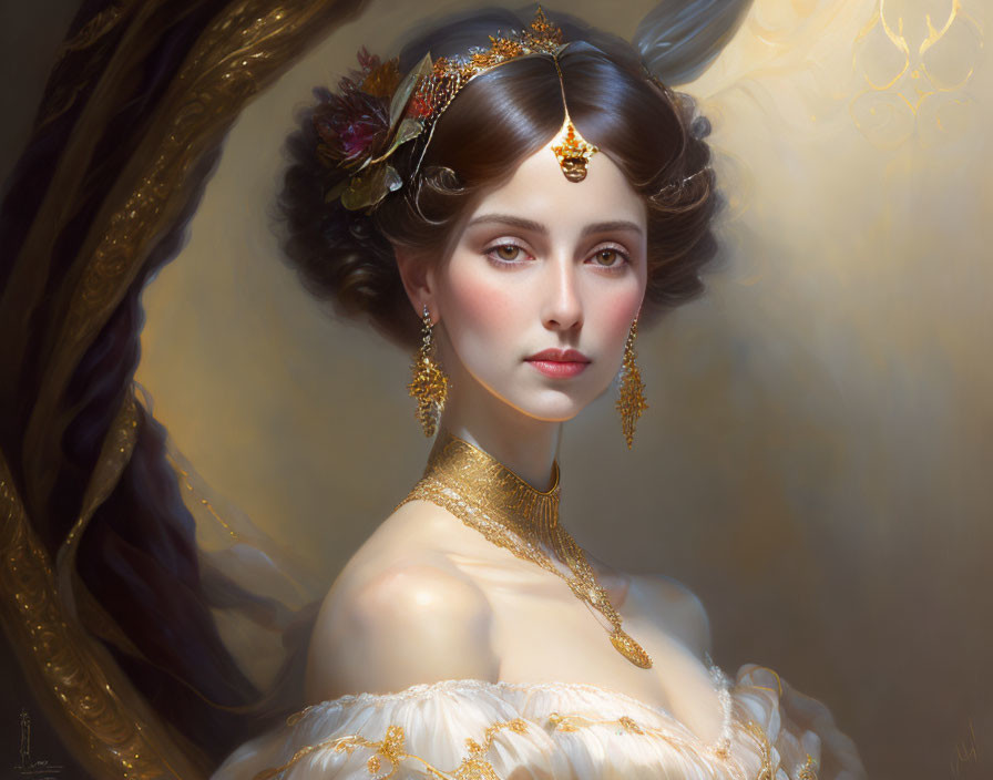 Elegant portrait of a woman with golden jewelry and regal hairstyle