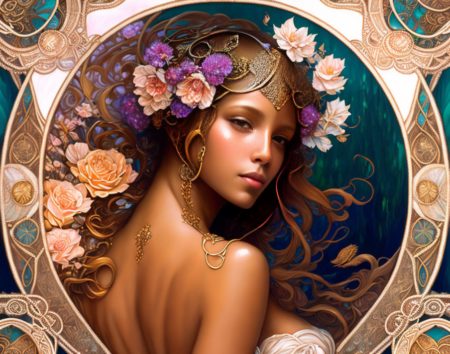 Illustrated portrait of woman with floral headpiece and golden jewelry in art nouveau style.