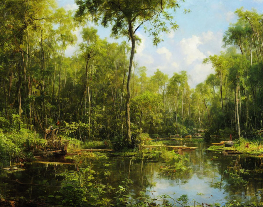 Tranquil forest scene with lush greenery, tall trees, serene river, and small boats