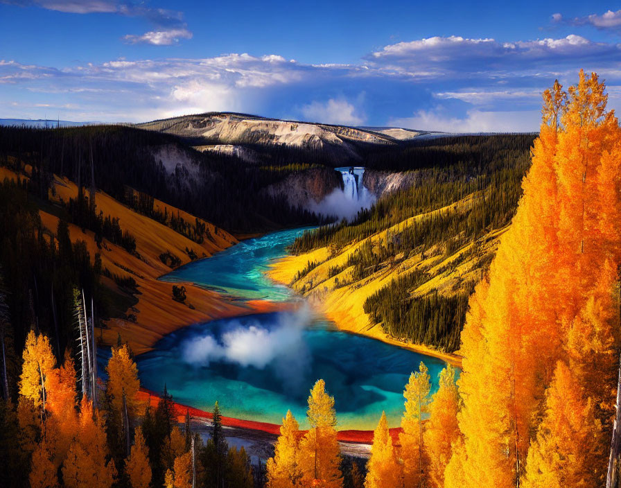 Scenic landscape: river, autumn trees, waterfall, blue sky