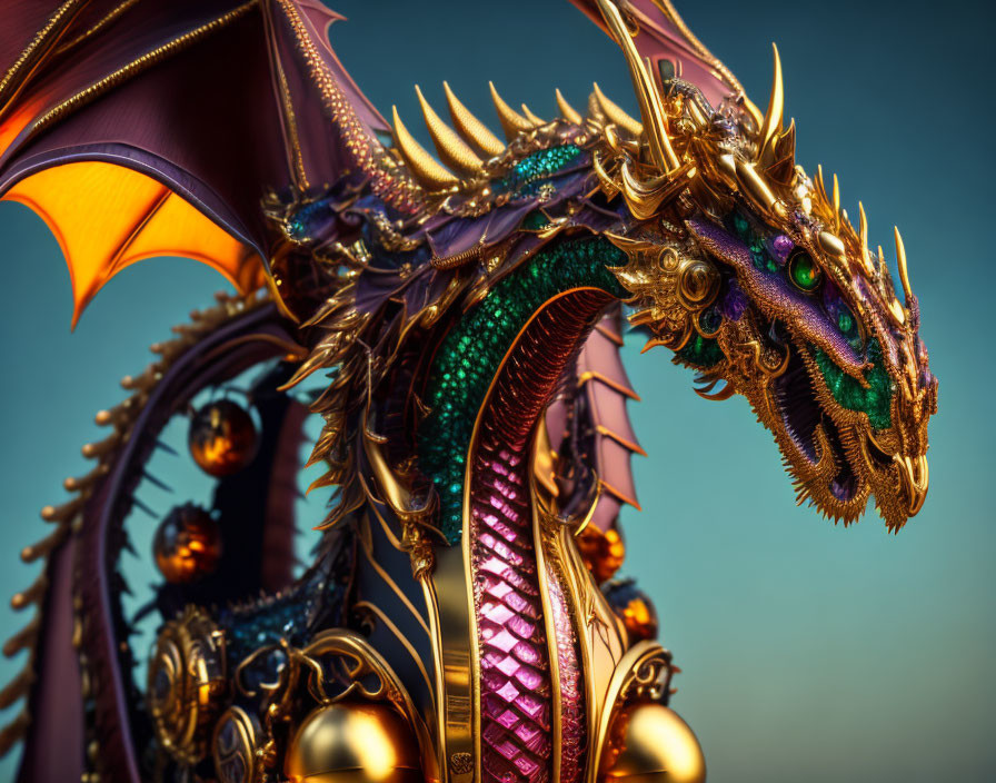 Detailed Metallic Dragon Sculpture with Golden Spikes and Green Jewels