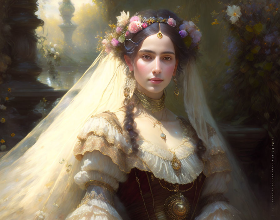 Portrait of woman in vintage attire with floral headpiece, veil, and jewelry in warm tones against dream