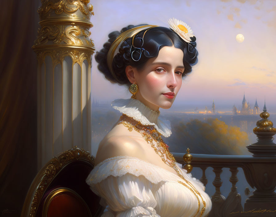 Historical woman in pearl necklace near balcony at sunset