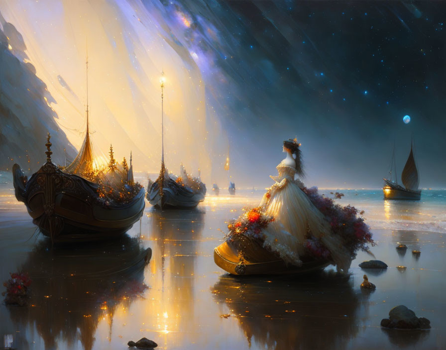 Ornate boats and a lone woman in a lavish dress under a starry sky