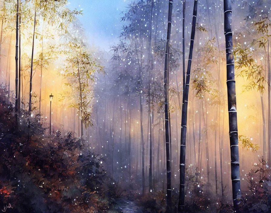 Tranquil Bamboo Forest Painting with Mystical Light and Snowfall