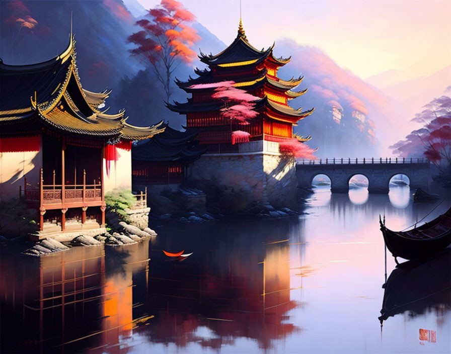 Asian-style Buildings by River with Cherry Blossoms & Mountains at Dusk