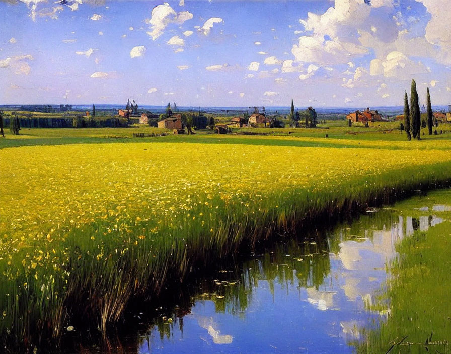 Scenic landscape: yellow flowers, river, village