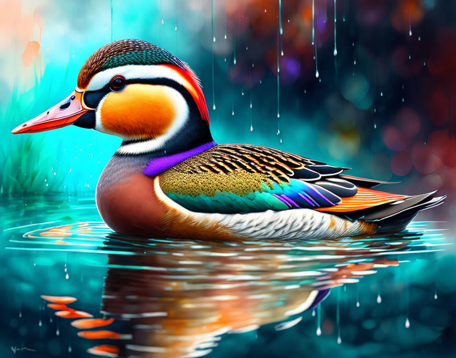 Colorful Mandarin Duck Floating in Rain with Abstract Background