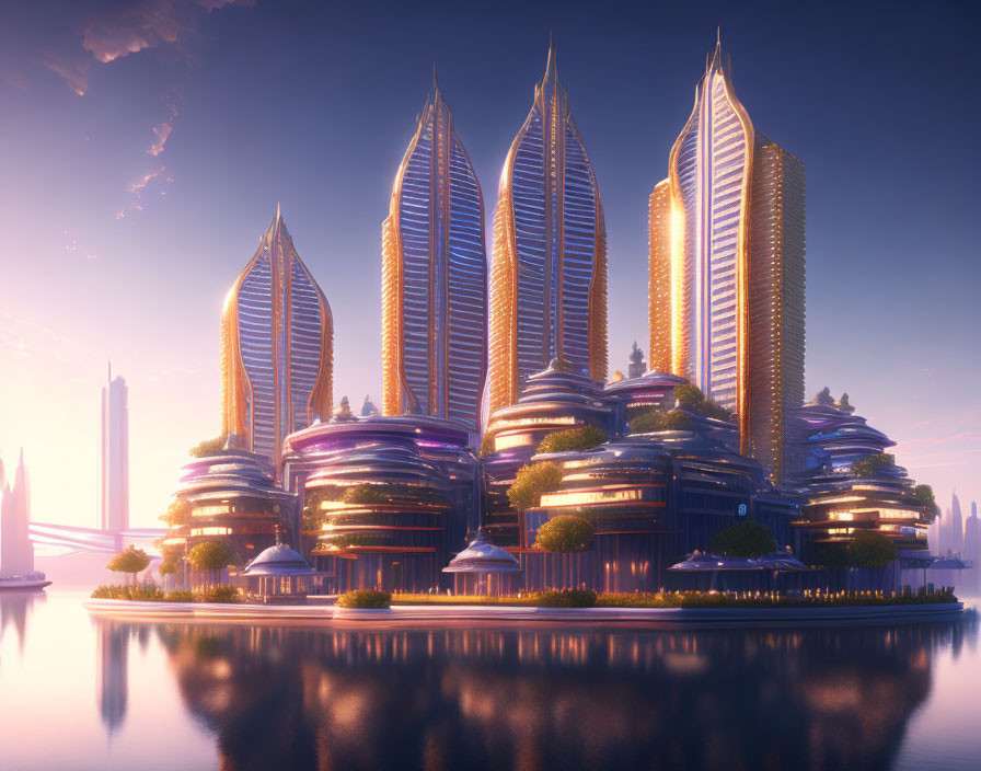 Sunset futuristic city skyline with high-rise towers and greenery.