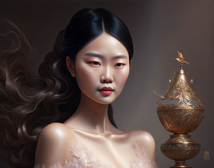 East Asian woman portrait with flowing hair and ornate golden vessel