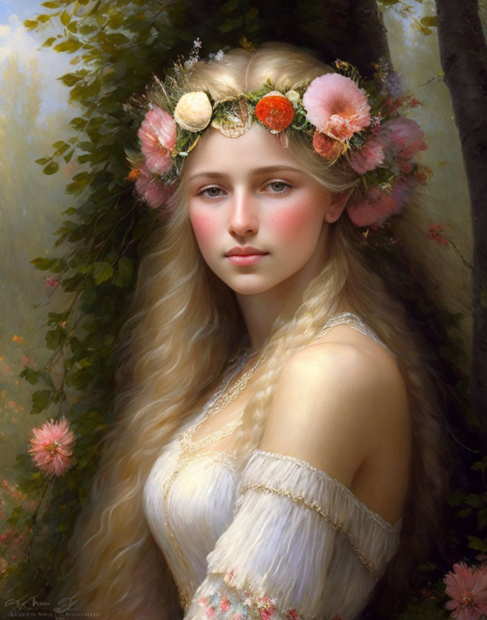 Blonde woman in floral crown against forest backdrop