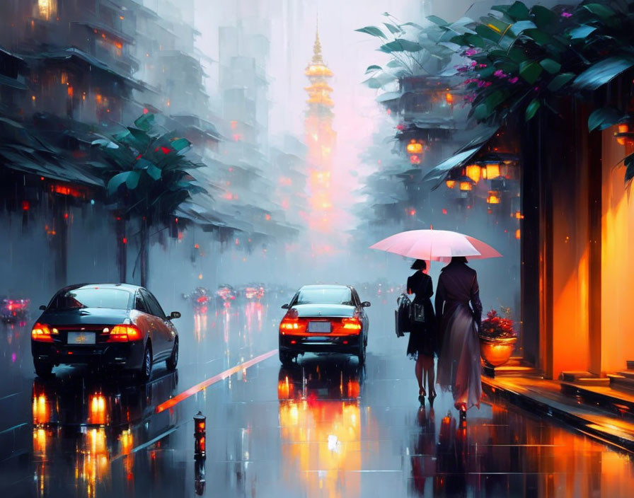 Couple walking under umbrella in rainy city street with neon lights.