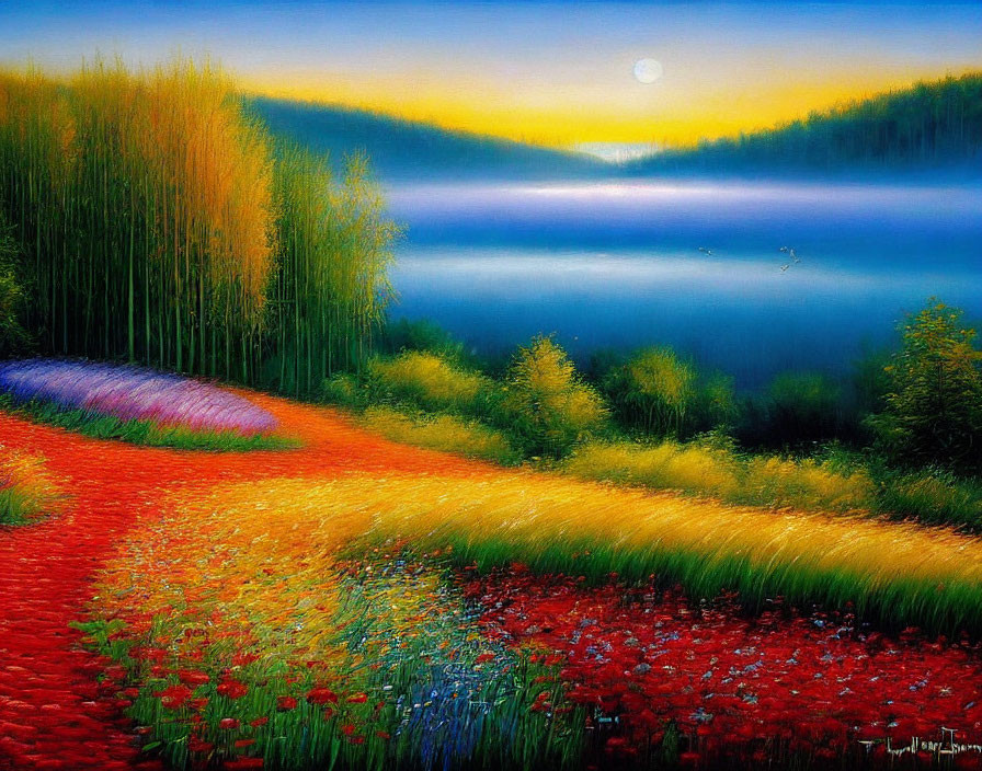 Colorful Path through Meadow Leading to Serene Lake
