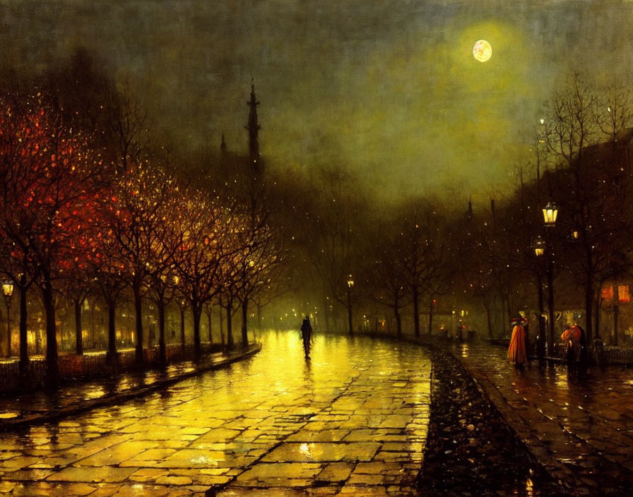 Moonlit cobbled street with glowing street lamps and autumn trees under an amber sky