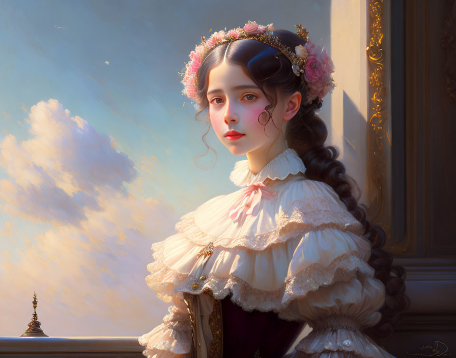 Victorian-themed digital painting of a woman with floral hairstyle in high-collar dress