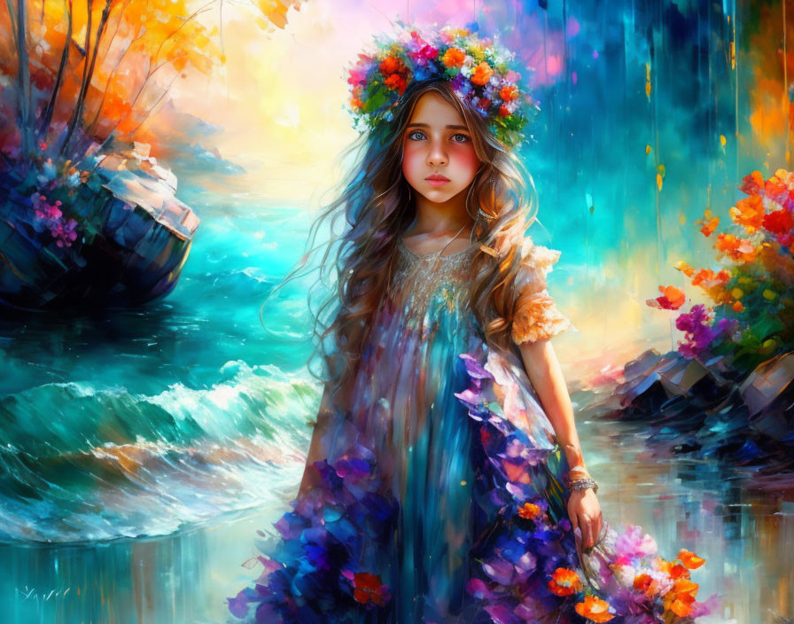 Vibrant painting of young girl with floral crown and ship silhouette on dreamy background