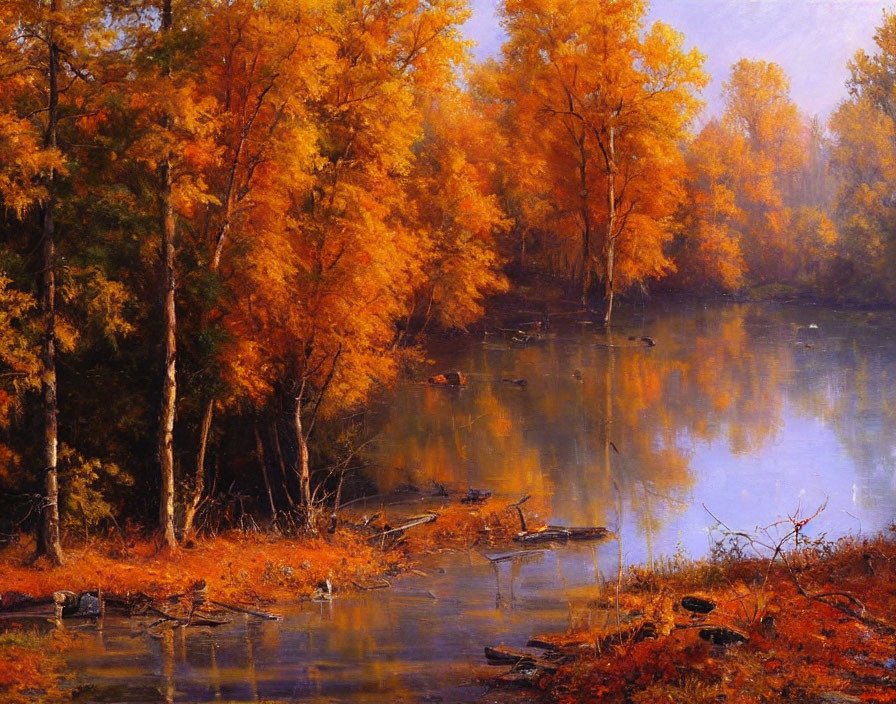 Tranquil river scene with ducks and autumn foliage