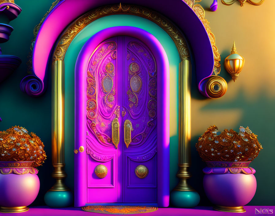 Whimsical purple ornate door with golden vases on teal background