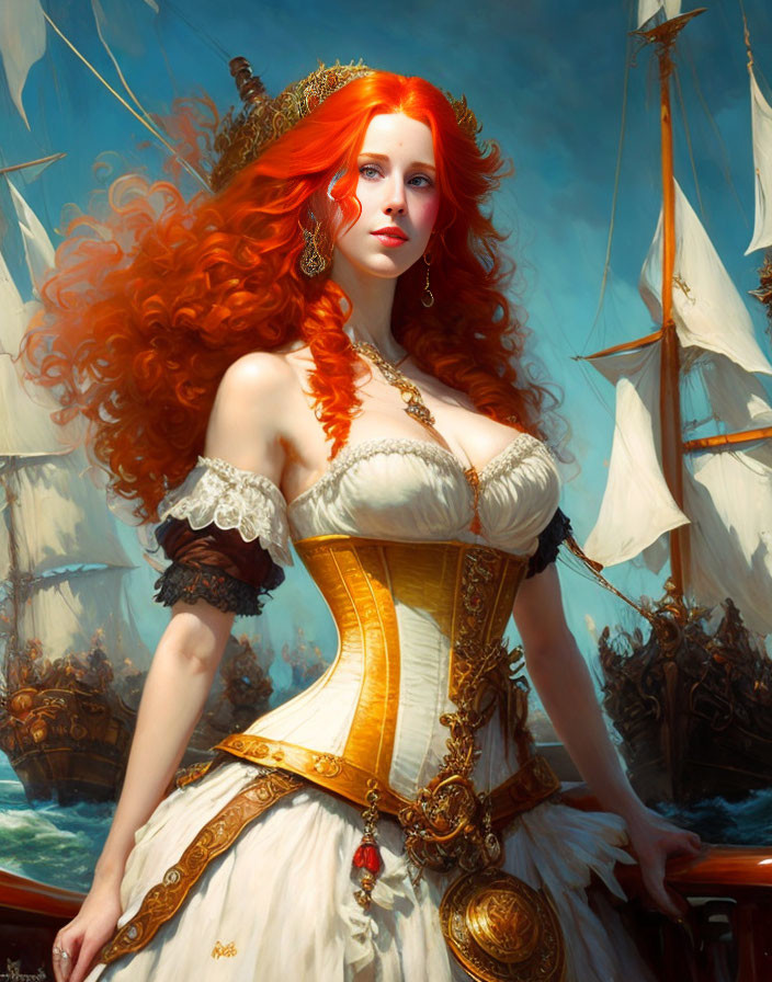 Regal woman with red hair in corset dress by sailing ships