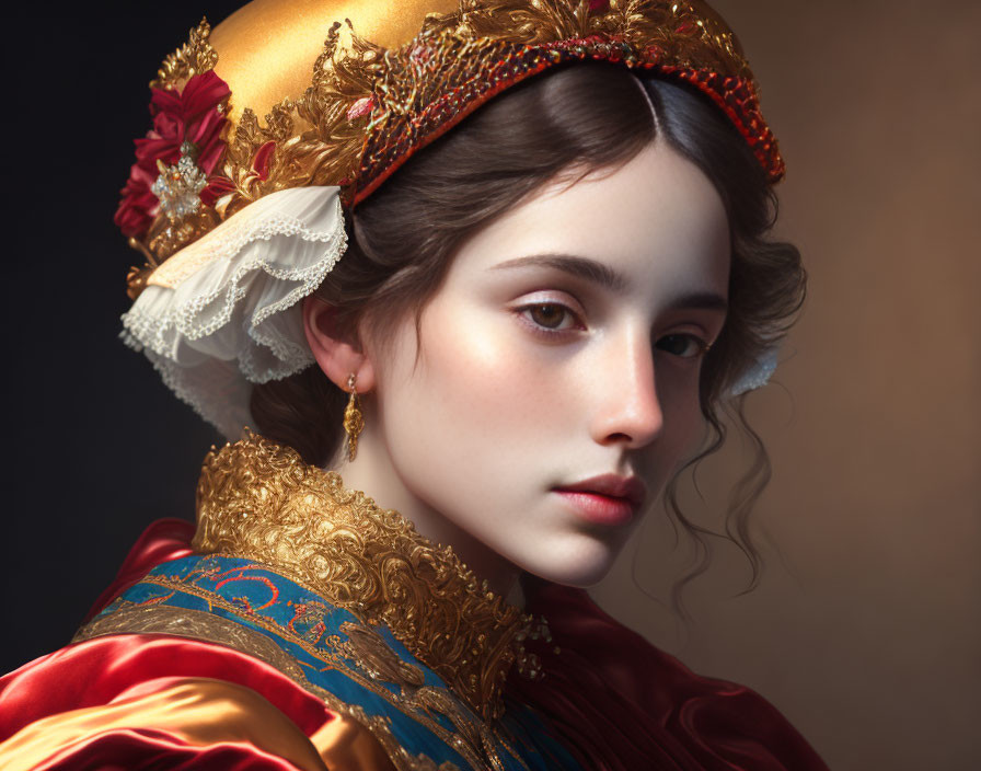 Young woman portrait with golden headdress and red dress