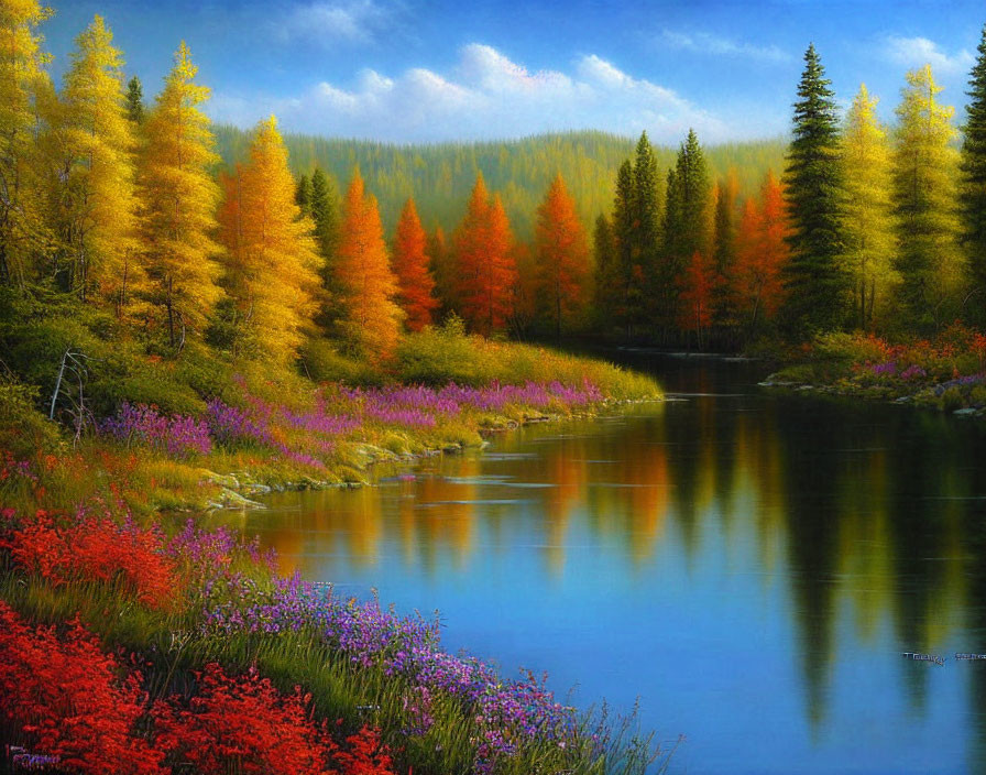 Tranquil autumn river scene with colorful trees and purple flowers