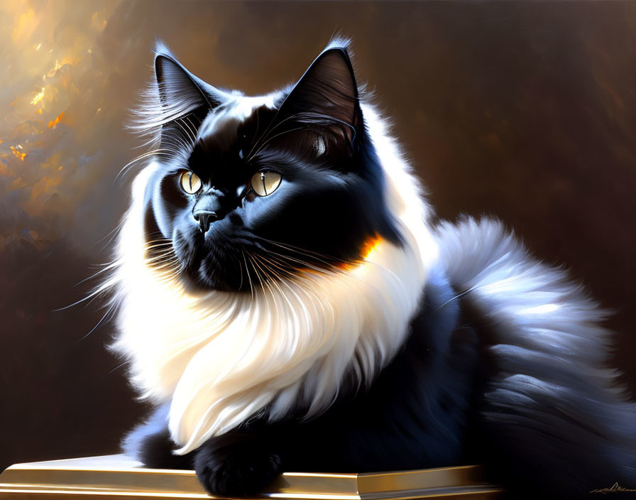 Fluffy black and white cat with striking eyes in warm light