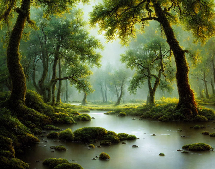 Lush Green Trees and Moss in Enchanted Forest Stream