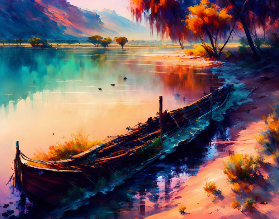 Colorful digital artwork: Tranquil river scene with old boat, vibrant foliage, warm sky