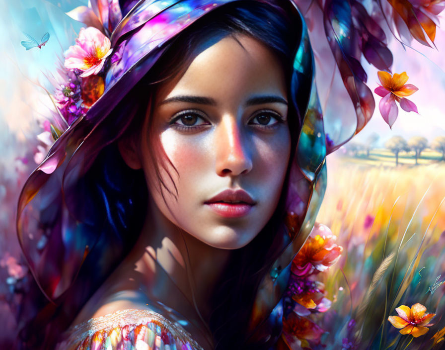 Young woman with dark hair surrounded by colorful flowers and butterflies in digital artwork