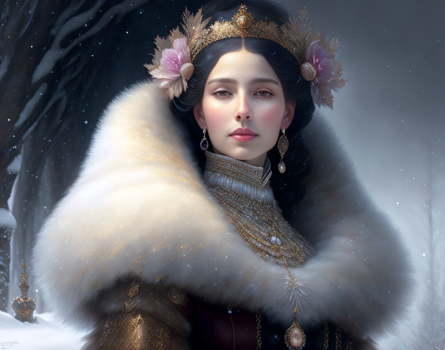 Dark-haired woman in fur collar and golden jewelry in snowfall portrait