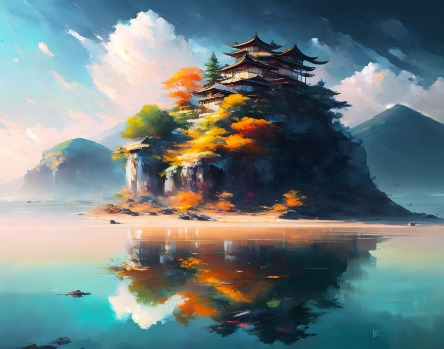 Ethereal digital artwork: Pagoda on autumn hill with serene water